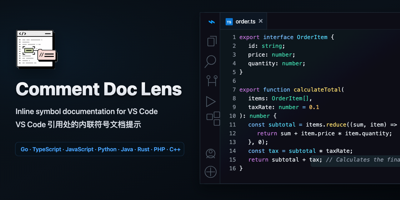 Comment Doc Lens 在 VS Code 中展示内联符号文档的预览图